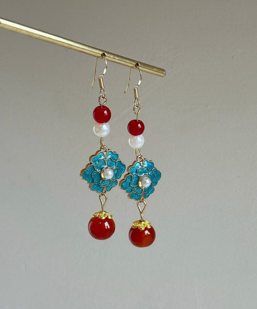 Chinese Style Rainbow Sterling Silver Overgild Enamel Pearl Drop Earrings