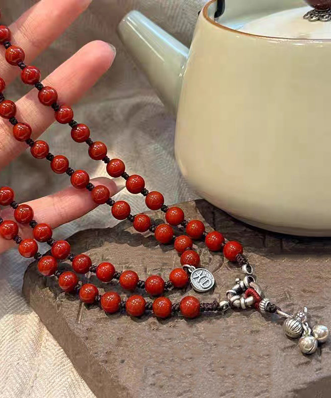 Chinese Style Red 925 Silver Calabash Bell Ball Pendant Necklace
