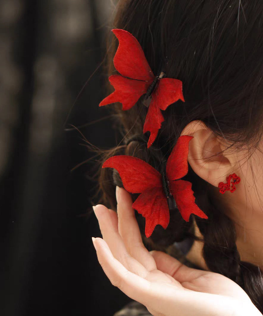 Chinese Style Red Alloy Butterfly A Pair Hairpin