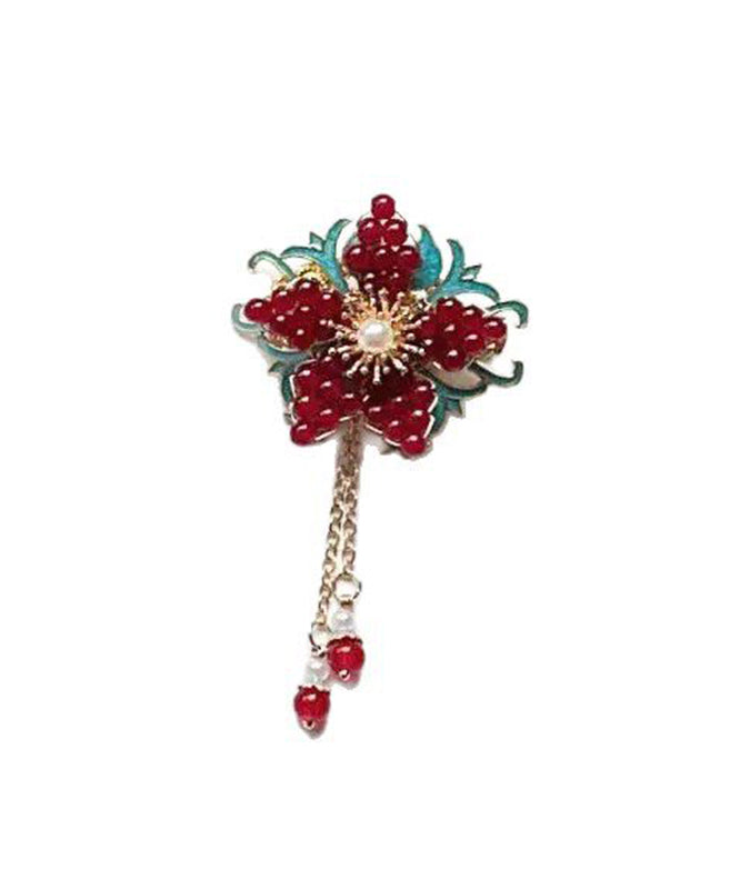 Chinese Style Red Alloy Floral Pearl Tassel Hairpin