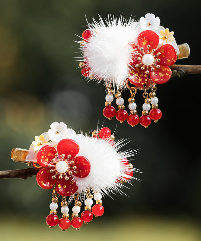 Chinese Style Red Alloy Pearl Plum Blossom Mink Velvet Tassel Kids Hairpin