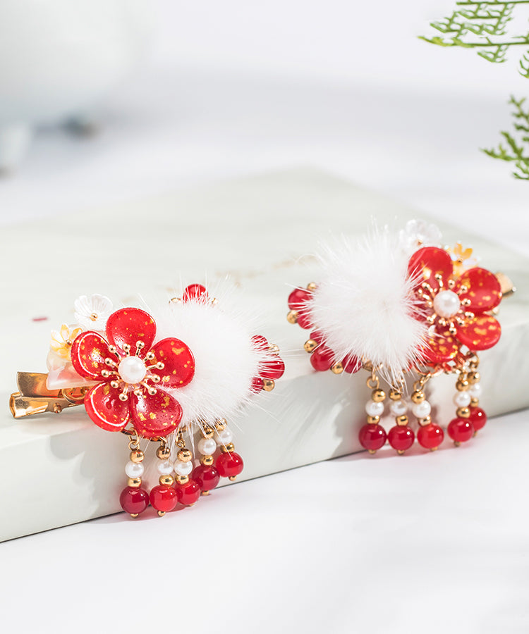 Chinese Style Red Alloy Pearl Plum Blossom Mink Velvet Tassel Kids Hairpin