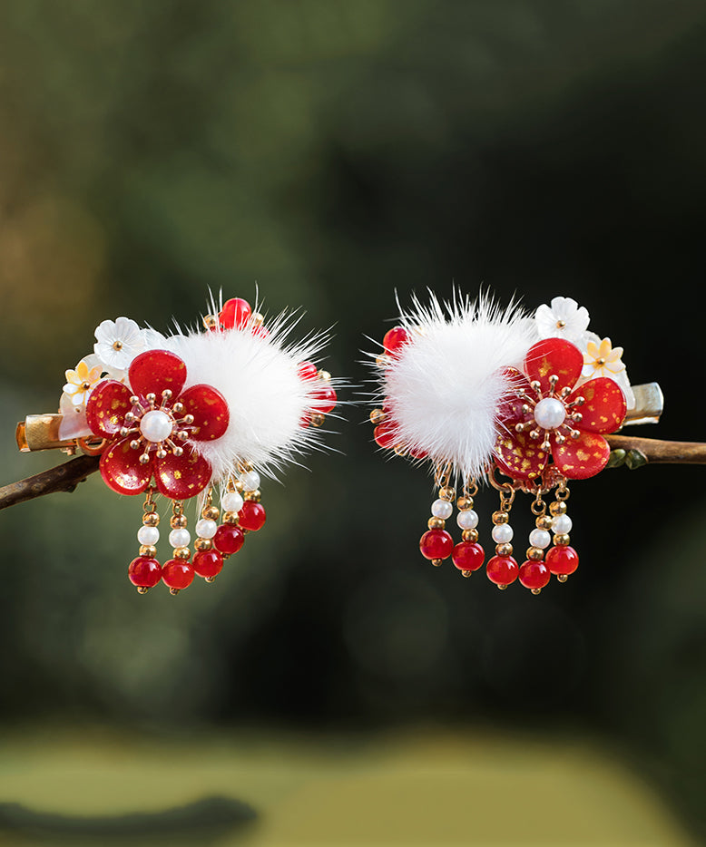 Chinese Style Red Alloy Pearl Plum Blossom Mink Velvet Tassel Kids Hairpin