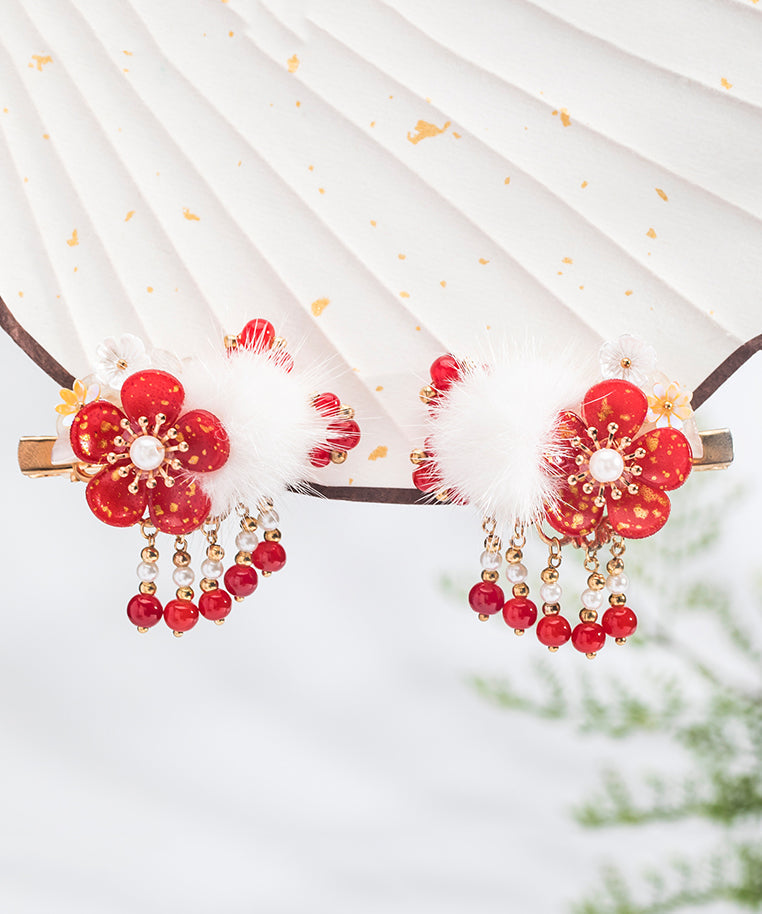 Chinese Style Red Alloy Pearl Plum Blossom Mink Velvet Tassel Kids Hairpin