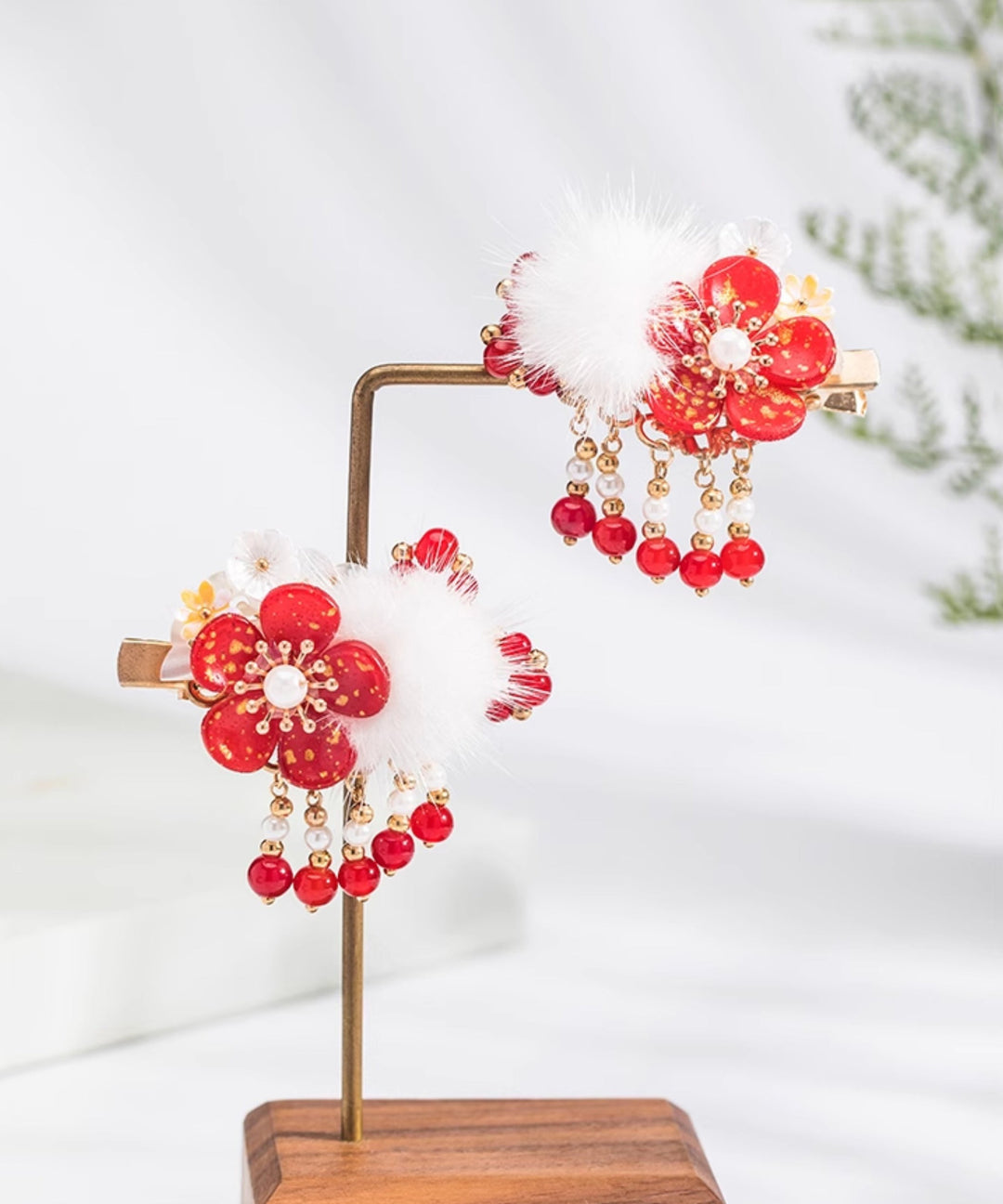 Chinese Style Red Alloy Pearl Plum Blossom Mink Velvet Tassel Kids Hairpin