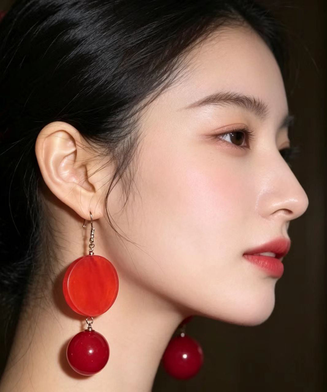 Chinese Style Red Copper Alloy Asymmetrical Drop Earrings
