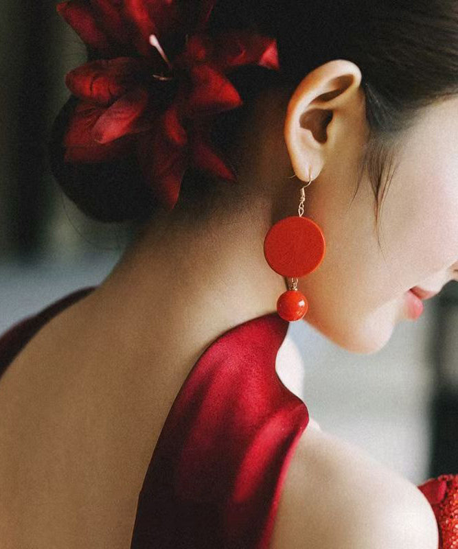 Chinese Style Red Copper Alloy Asymmetrical Drop Earrings