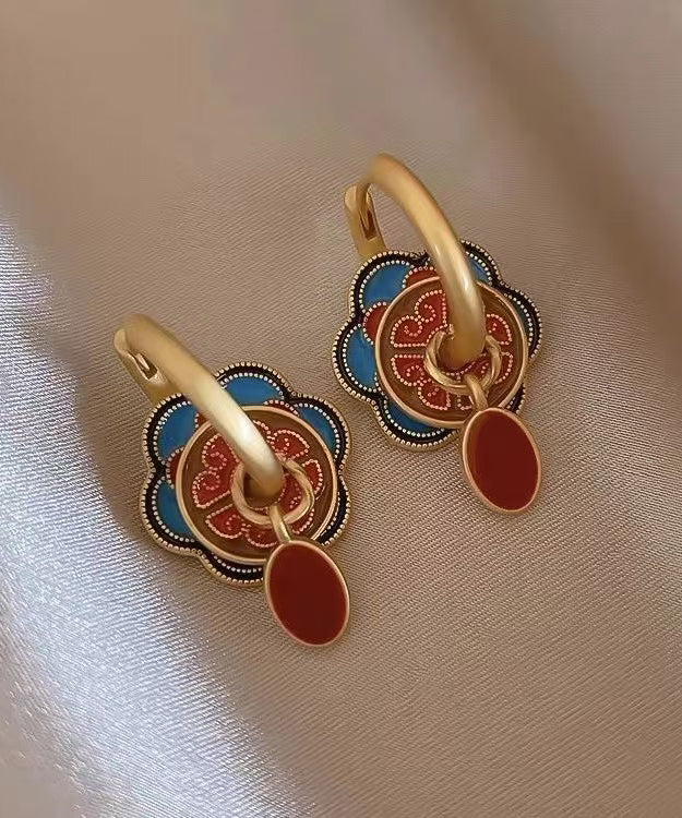 Chinese Style Red Copper Alloy Enamel Hoop Earrings