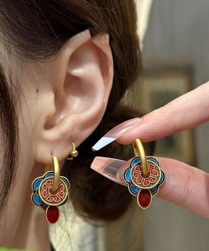 Chinese Style Red Copper Alloy Enamel Hoop Earrings