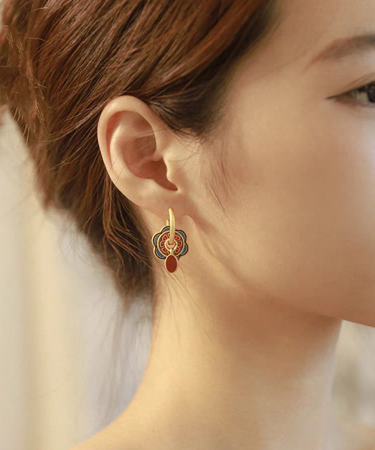 Chinese Style Red Copper Alloy Enamel Hoop Earrings