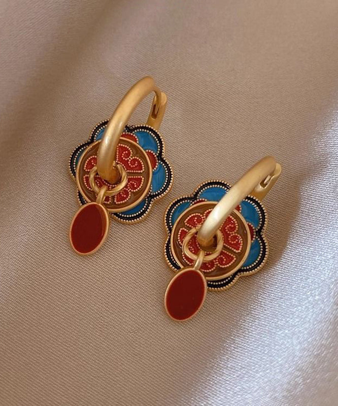 Chinese Style Red Copper Alloy Enamel Hoop Earrings