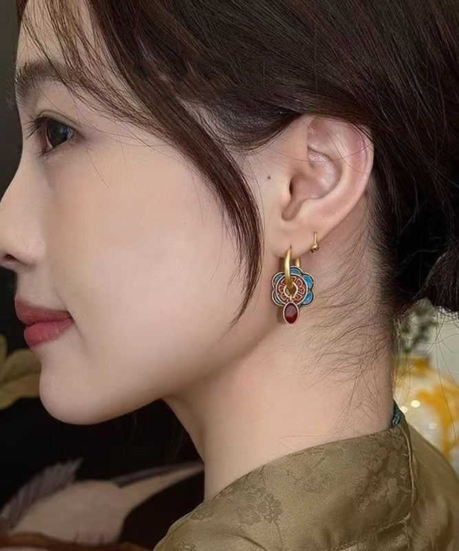 Chinese Style Red Copper Alloy Enamel Hoop Earrings