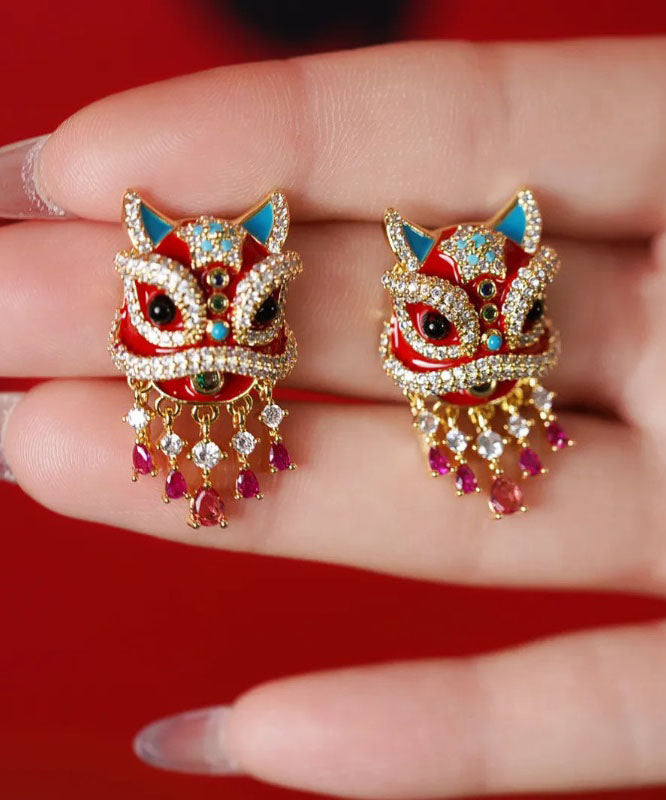 Chinese Style Red Copper Alloy Lion Danc Stud Earring