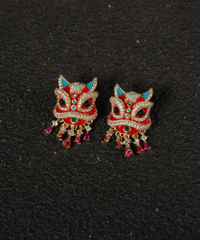Chinese Style Red Copper Alloy Lion Danc Stud Earring