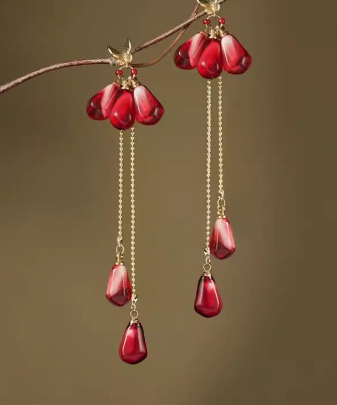 Chinese Style Red Copper Overgild Glass Rice Beads Resin Tassel Drop Earrings