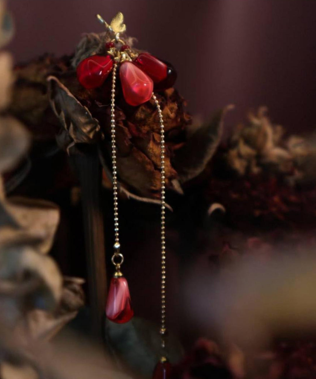 Chinese Style Red Copper Overgild Glass Rice Beads Resin Tassel Drop Earrings