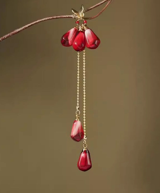 Chinese Style Red Copper Overgild Glass Rice Beads Resin Tassel Drop Earrings