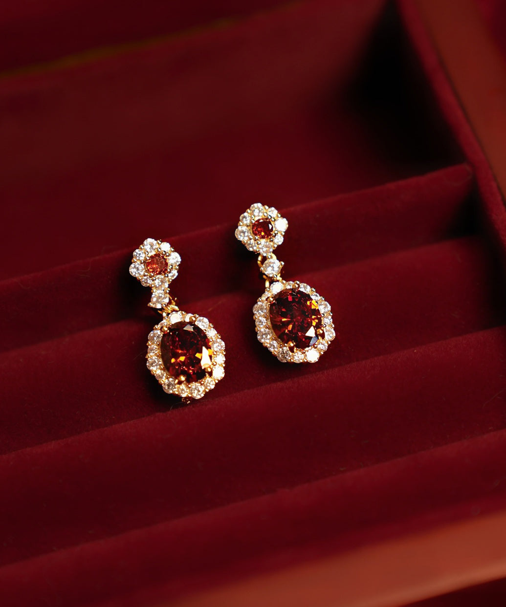 Chinese Style Red Copper Overgild Zircon Gem Stone Drop Earrings
