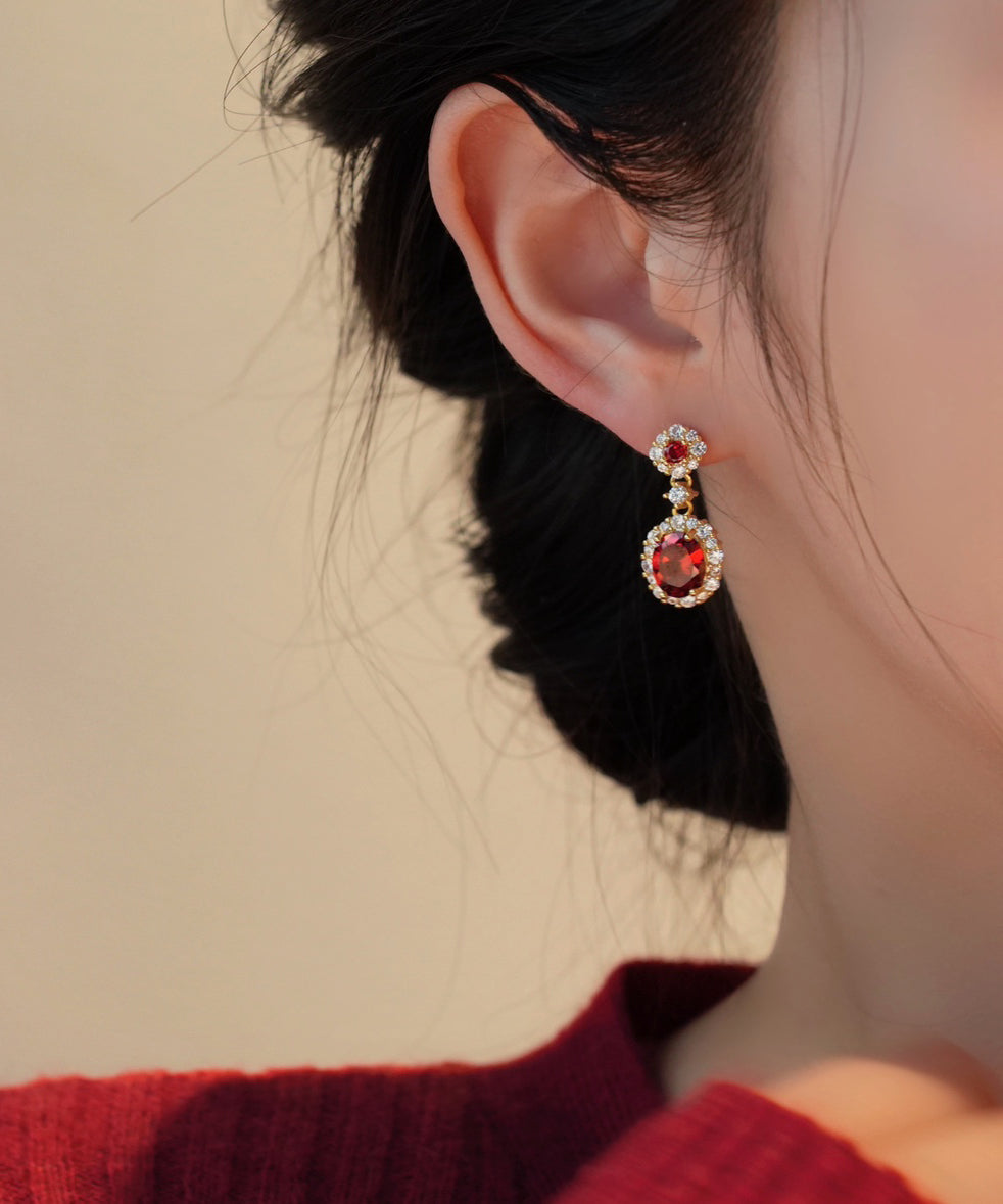 Chinese Style Red Copper Overgild Zircon Gem Stone Drop Earrings