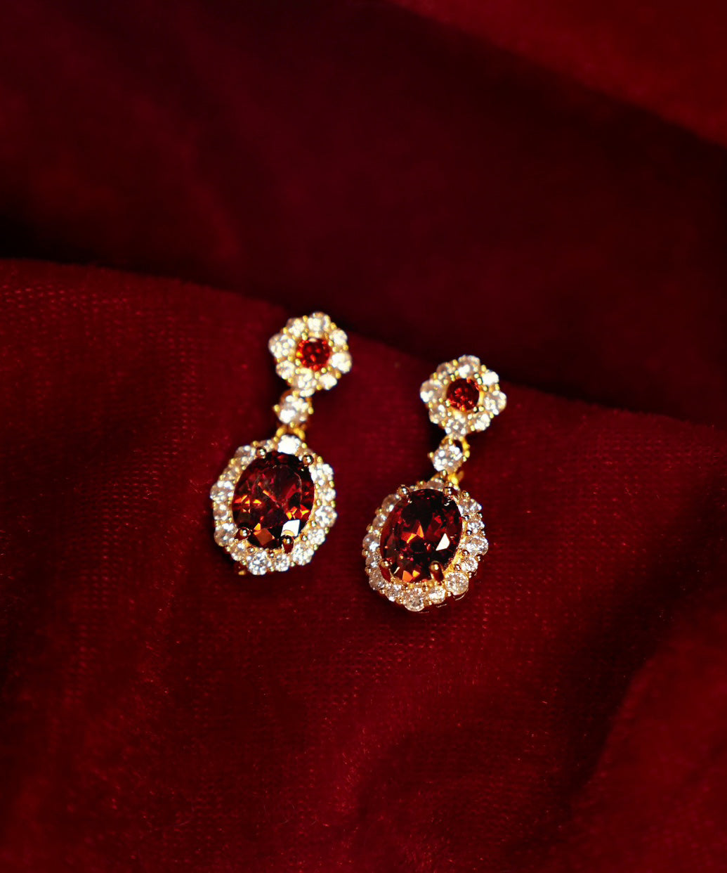 Chinese Style Red Copper Overgild Zircon Gem Stone Drop Earrings