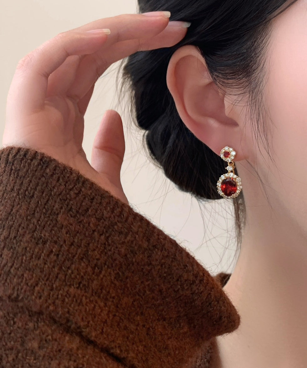 Chinese Style Red Copper Overgild Zircon Gem Stone Drop Earrings