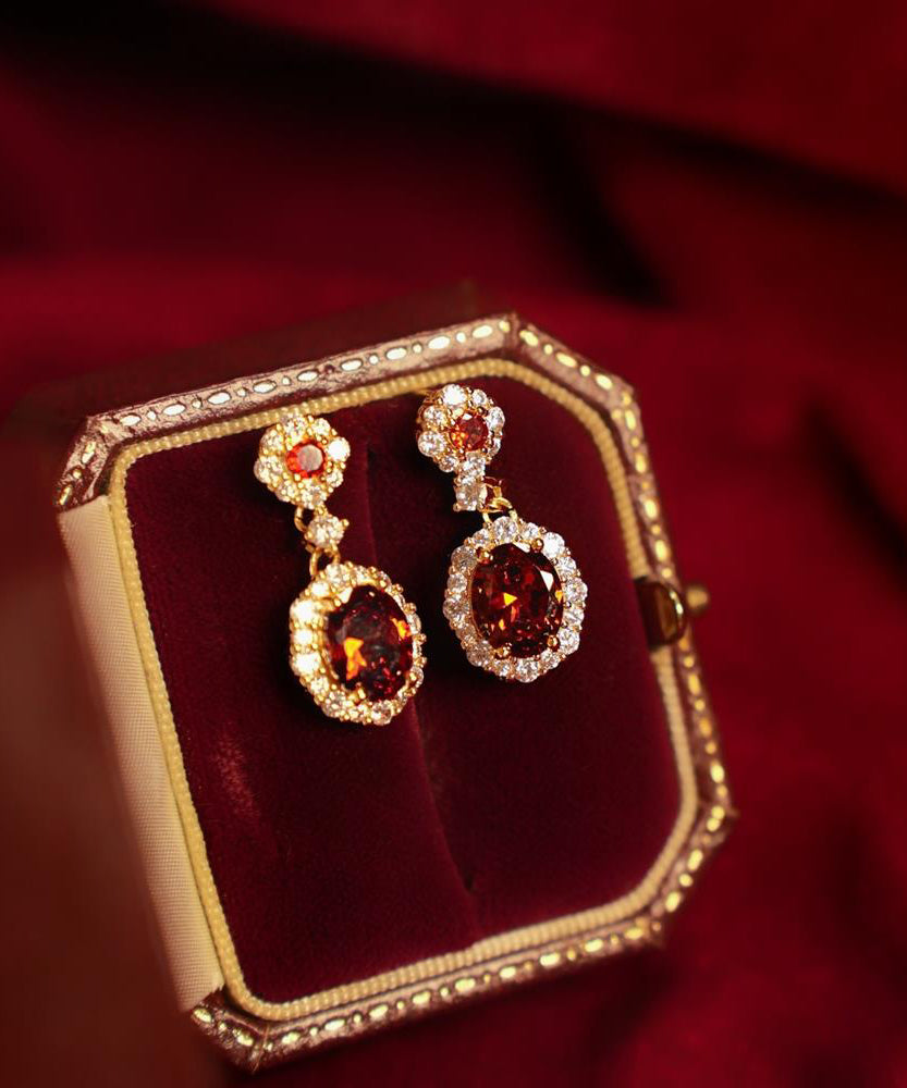 Chinese Style Red Copper Overgild Zircon Gem Stone Drop Earrings