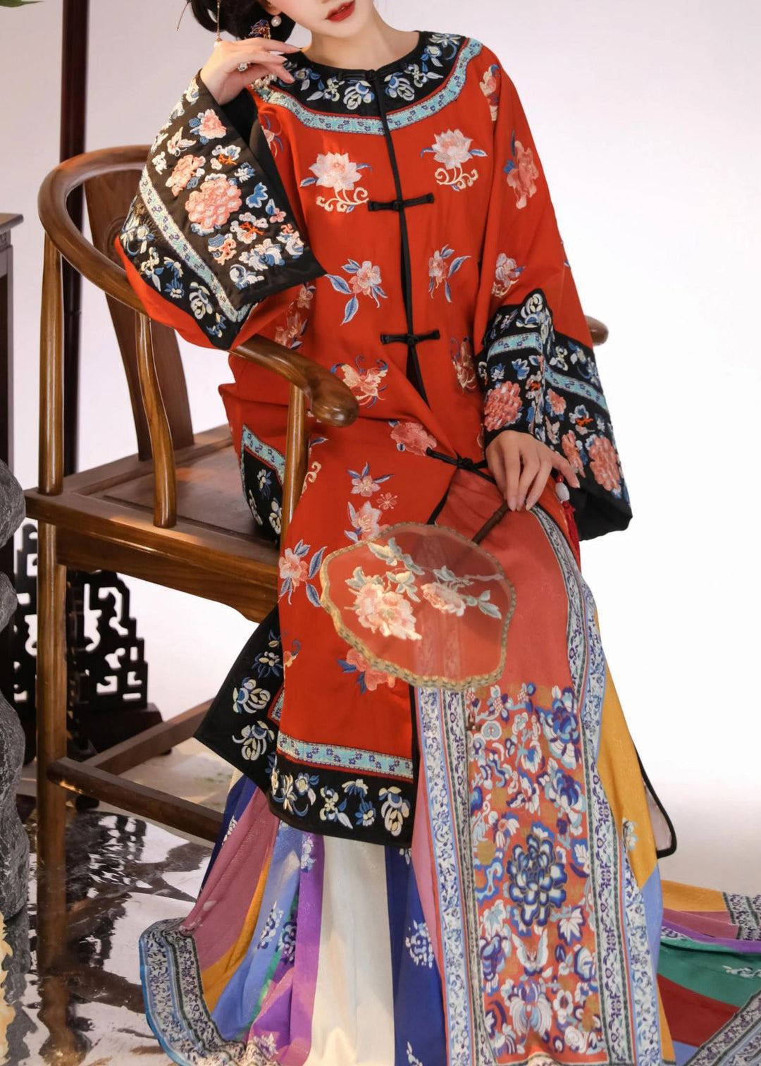 Chinese Style Red Embroidered Button Silk Two Pieces Set Long Sleeve