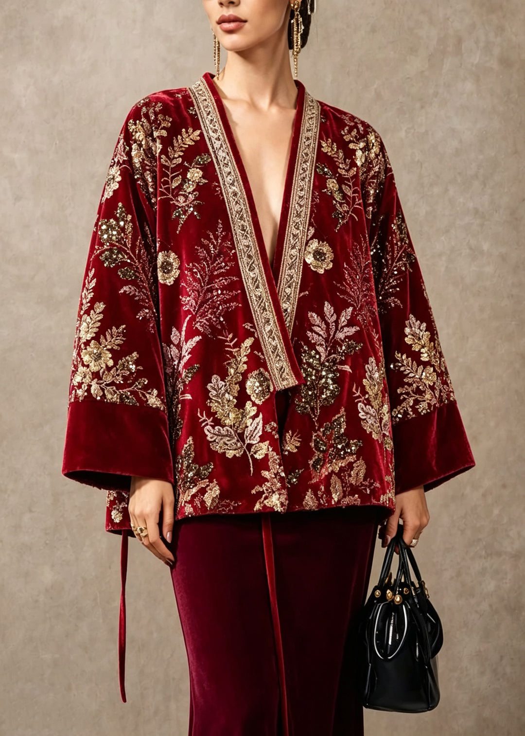 Chinese Style Red Embroidered Patchwork Fine Cotton Filled Jacket Winter