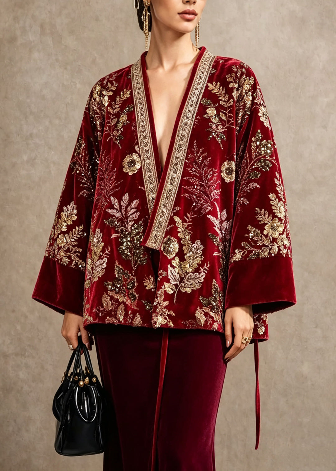 Chinese Style Red Embroidered Patchwork Fine Cotton Filled Jacket Winter
