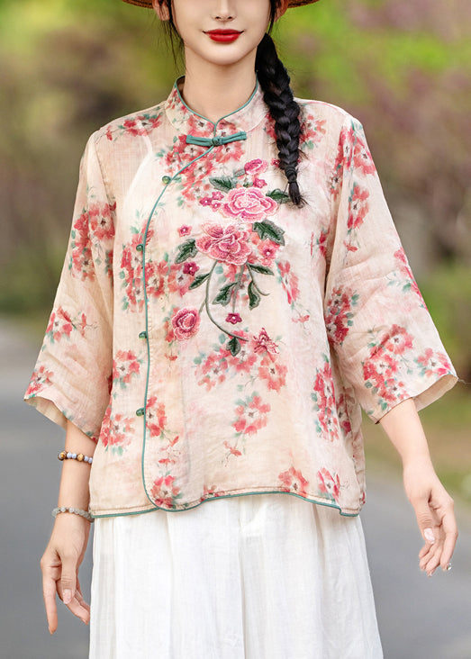 Chinese Style Red Print Button Linen Shirt Bracelet Sleeve