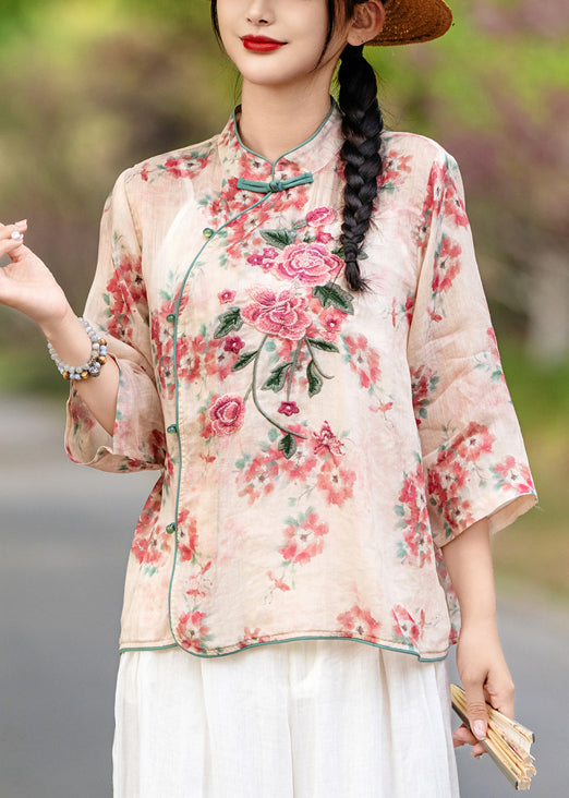 Chinese Style Red Print Button Linen Shirt Bracelet Sleeve