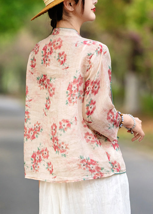 Chinese Style Red Print Button Linen Shirt Bracelet Sleeve