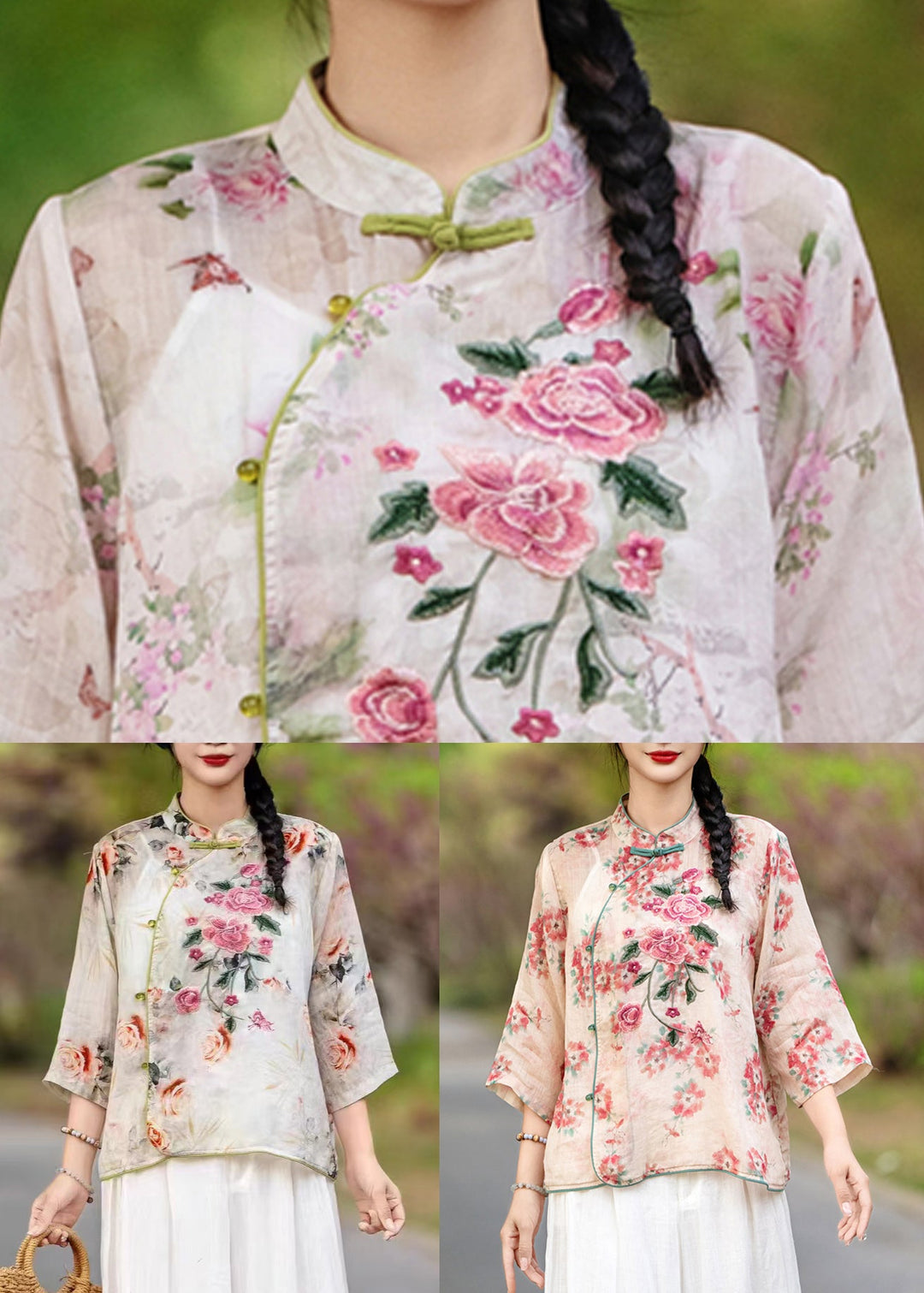 Chinese Style Red Print Button Linen Shirt Bracelet Sleeve