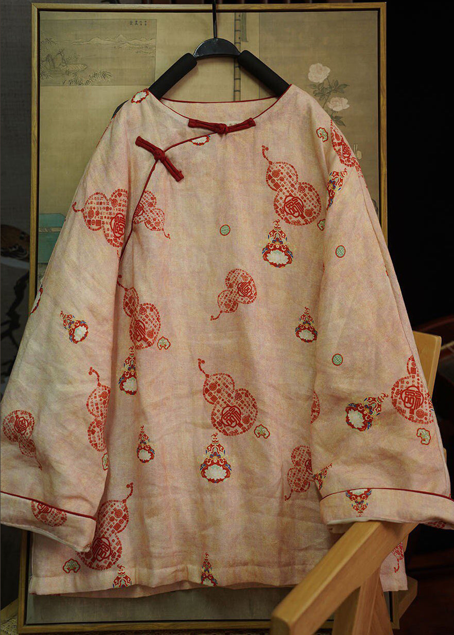 Chinese Style Red Print Oriental Button Fine Cotton Filled Coat Winter