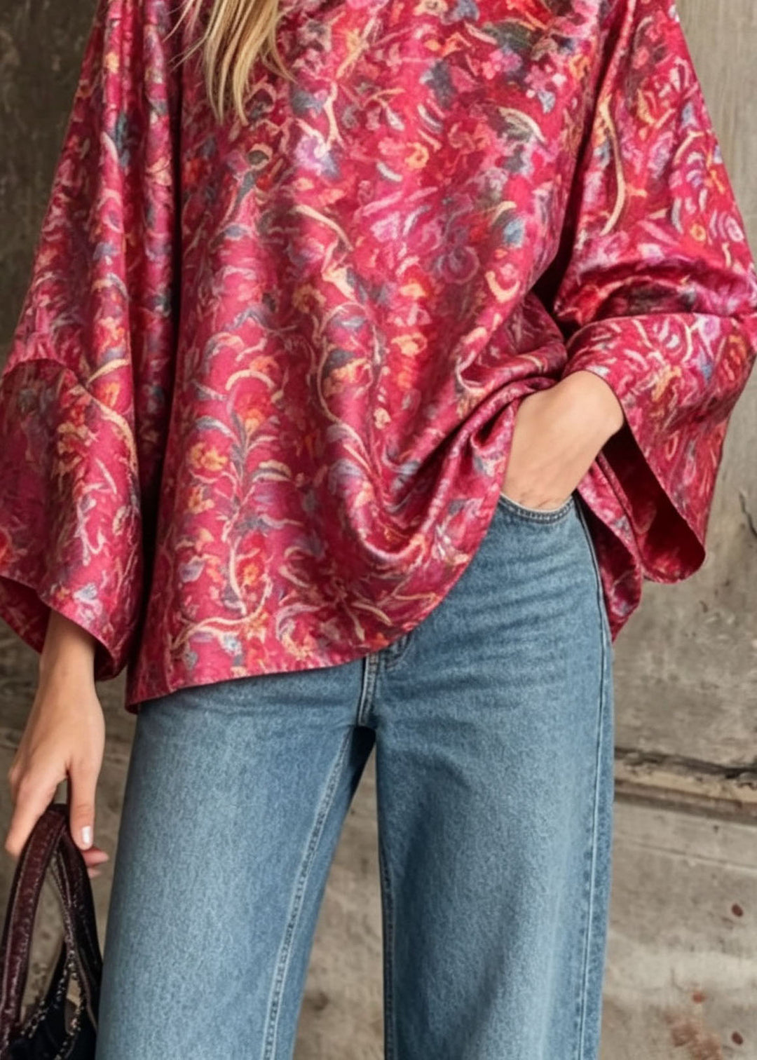 Chinese Style Red Print Oriental Button Silk Top Fall