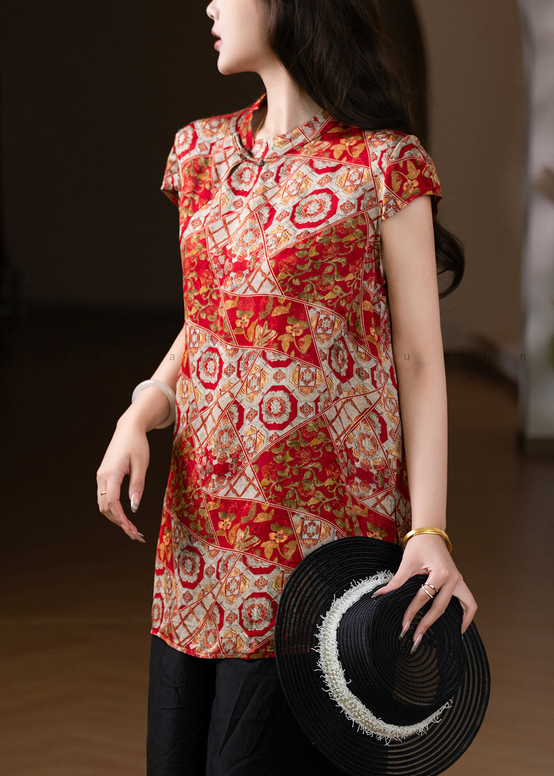 Chinese Style Red Print Side Open Silk Top Short Sleeve
