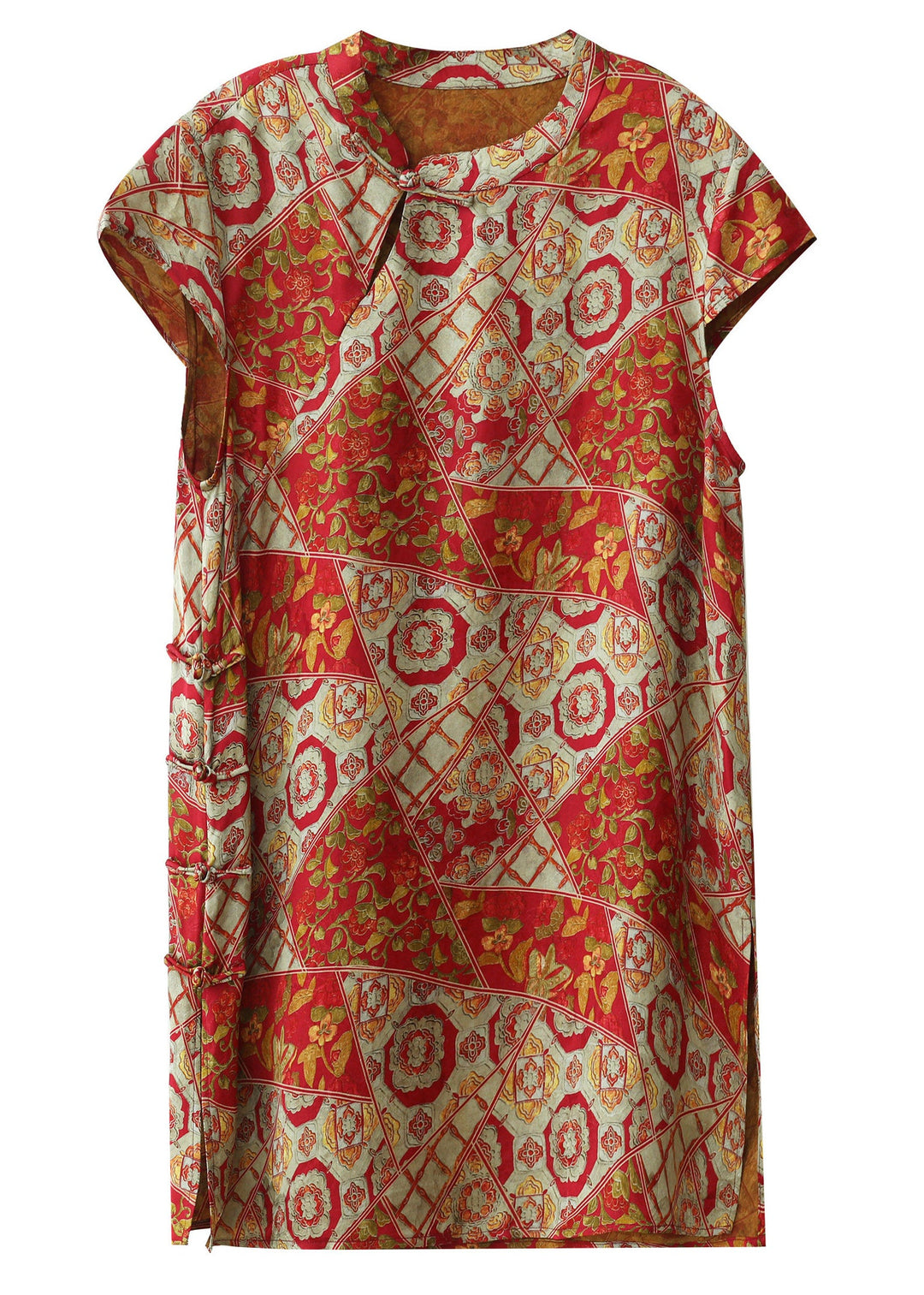 Chinese Style Red Print Side Open Silk Top Short Sleeve