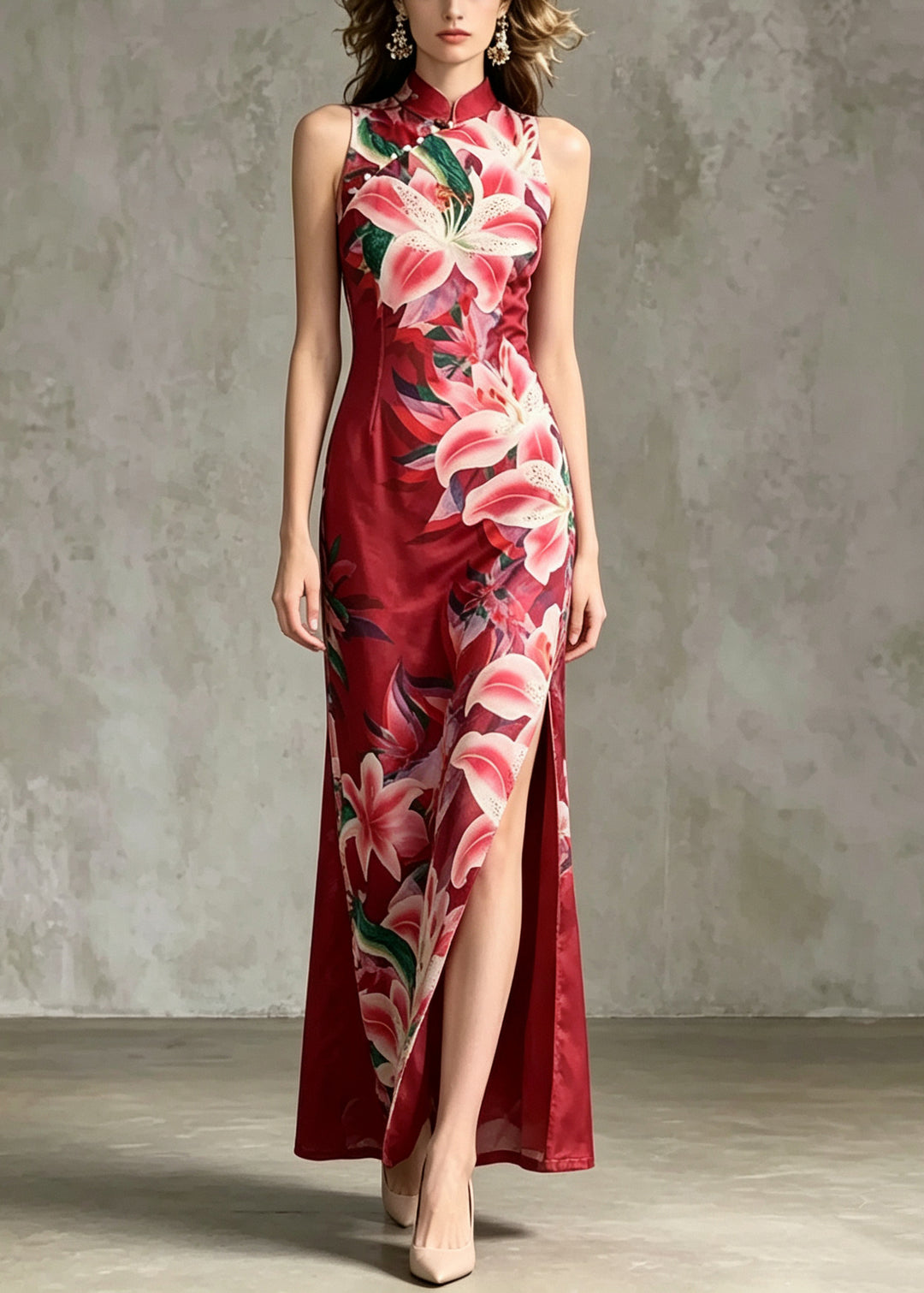Chinese Style Red Print Side Open Tulle Dress Summer