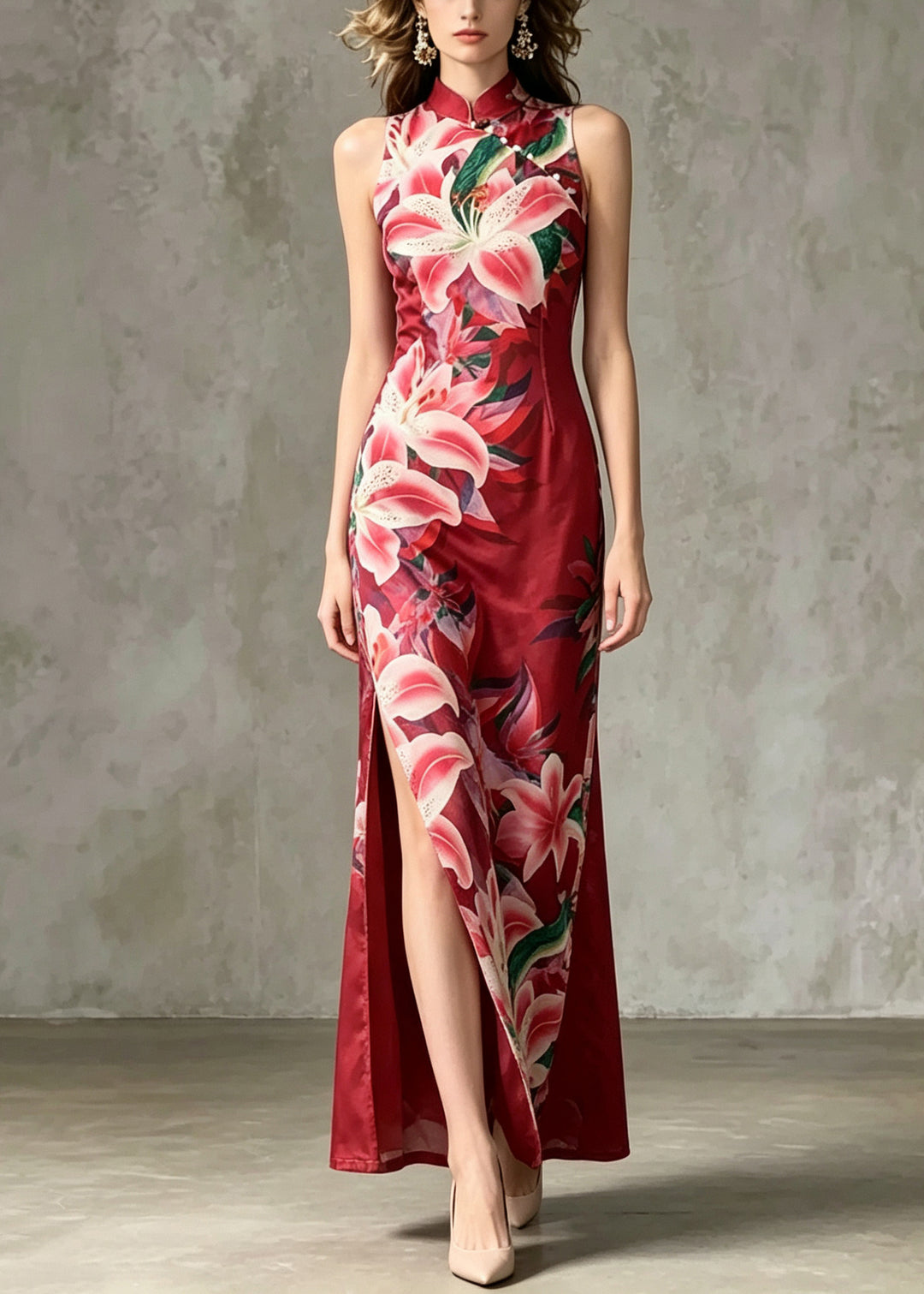 Chinese Style Red Print Side Open Tulle Dress Summer