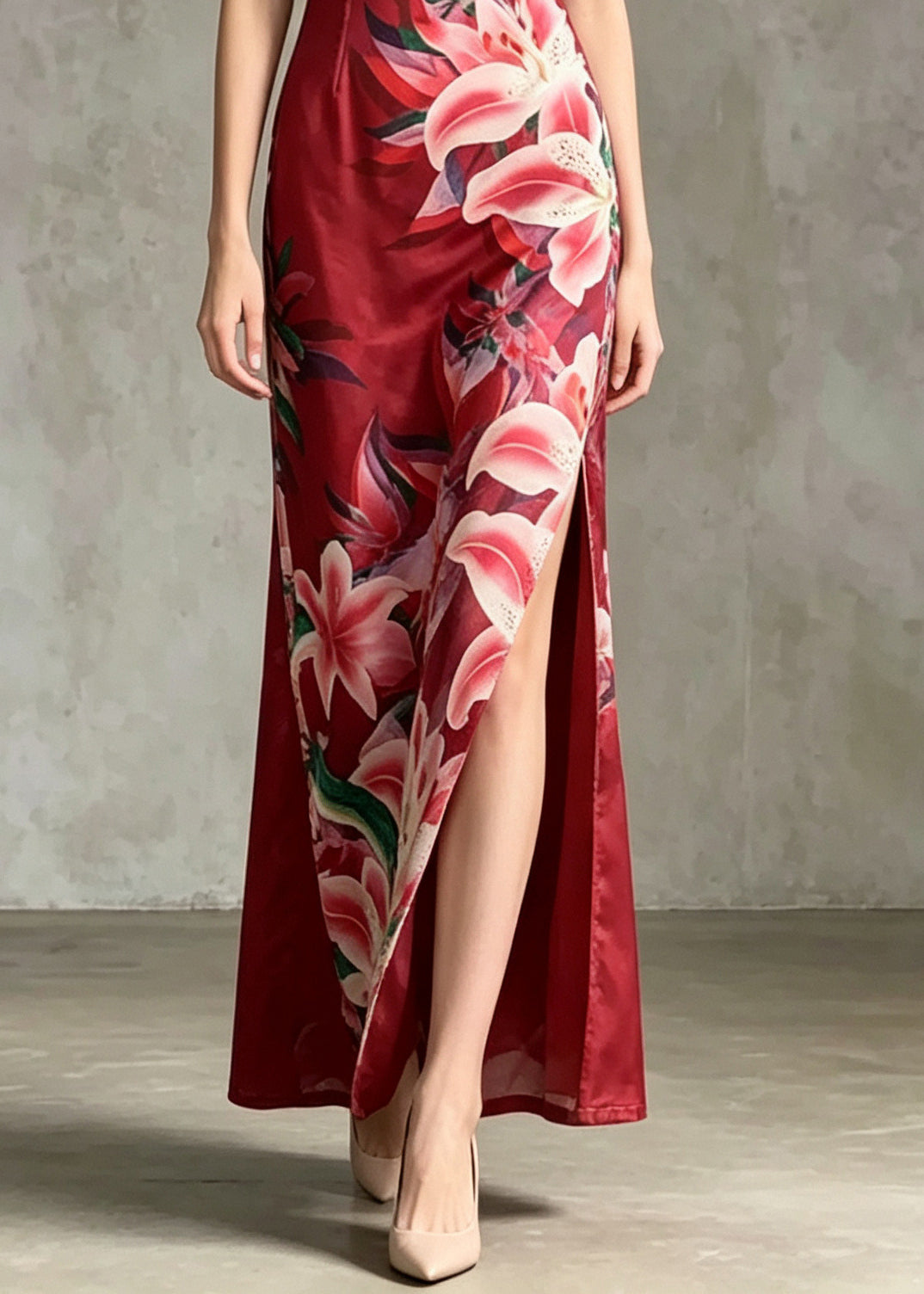 Chinese Style Red Print Side Open Tulle Dress Summer