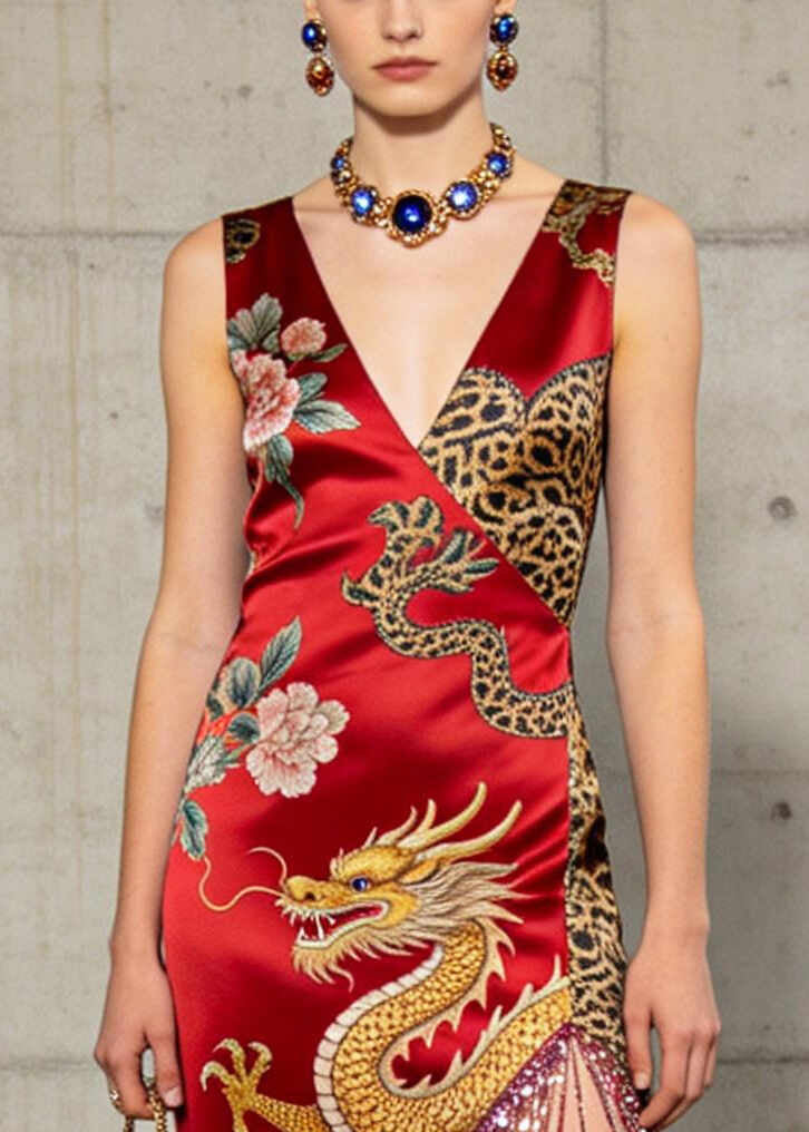 Chinese Style Red Print Silk Dress Tasseled Low High Design Summer