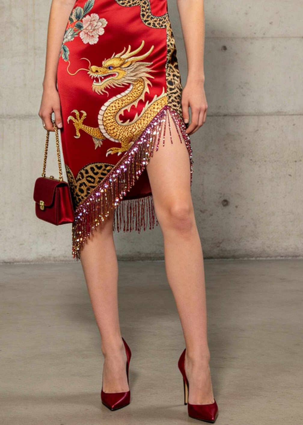 Chinese Style Red Print Silk Dress Tasseled Low High Design Summer