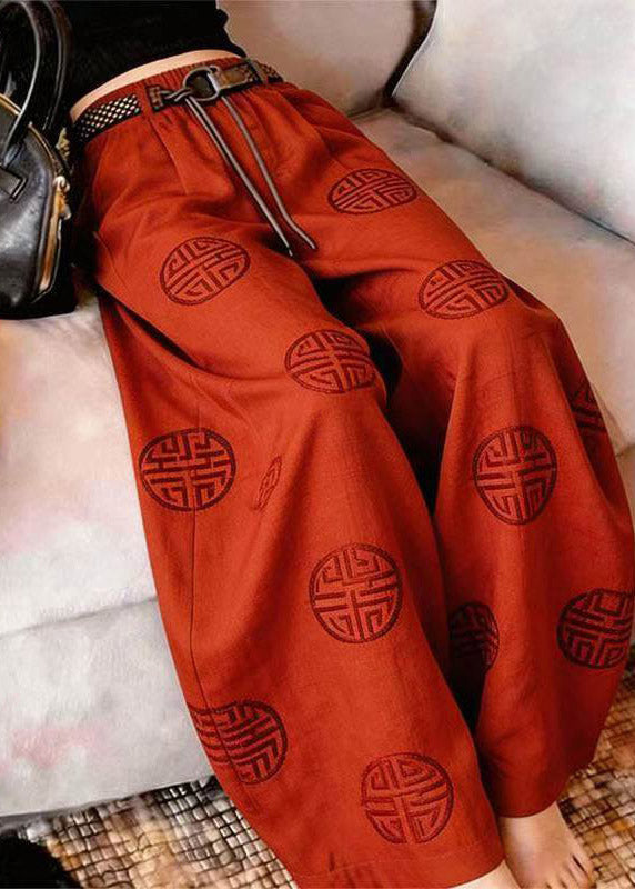 Chinese Style Red Print Wide Leg Pants