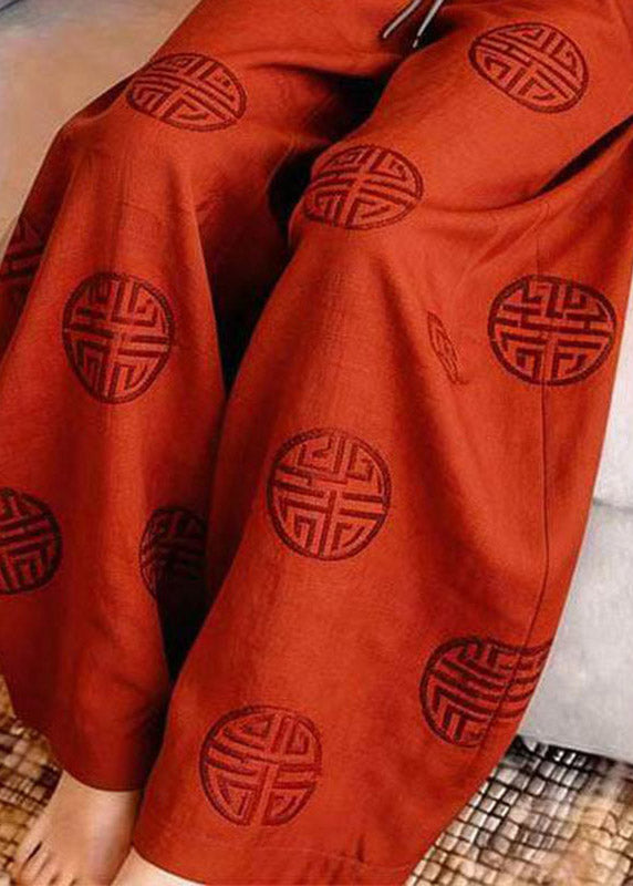Chinese Style Red Print Wide Leg Pants