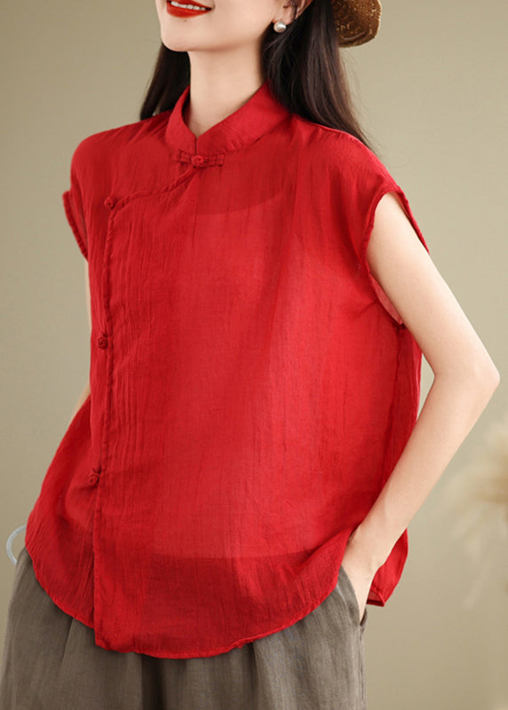 Chinese Style Red Stand Collar Patchwork Linen Shirt Short Sleeve