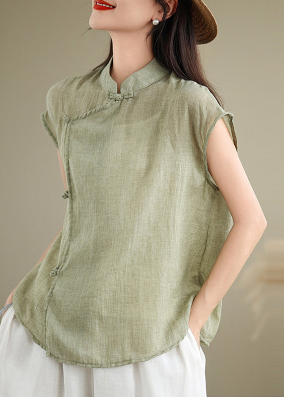 Chinese Style Red Stand Collar Patchwork Linen Shirt Short Sleeve