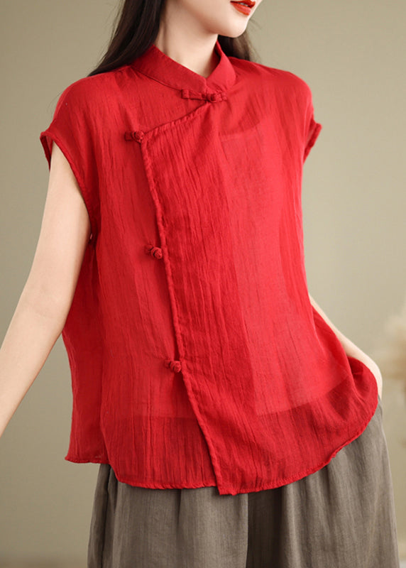 Chinese Style Red Stand Collar Patchwork Linen Shirt Short Sleeve