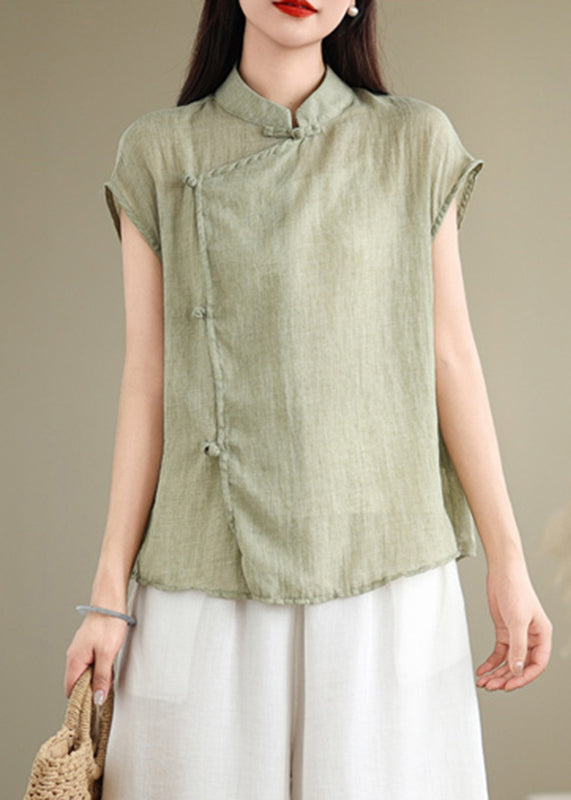 Chinese Style Red Stand Collar Patchwork Linen Shirt Short Sleeve