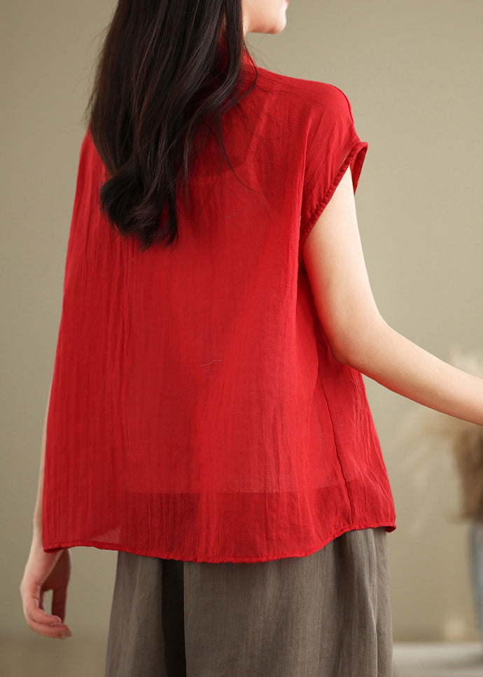 Chinese Style Red Stand Collar Patchwork Linen Shirt Short Sleeve