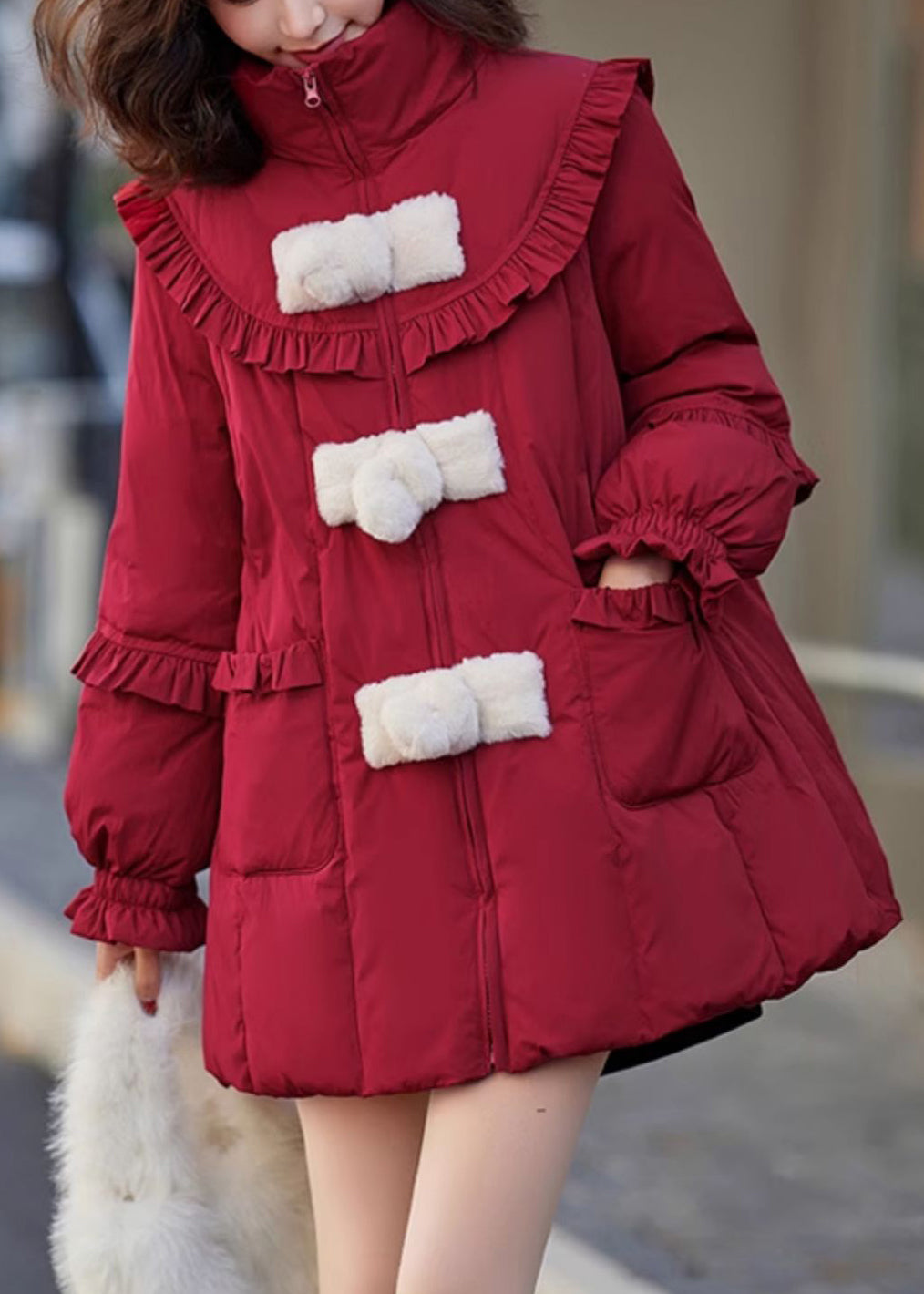 Chinese Style Red Stand Collar Ruffled Patchwork Duck Down Coat Winter